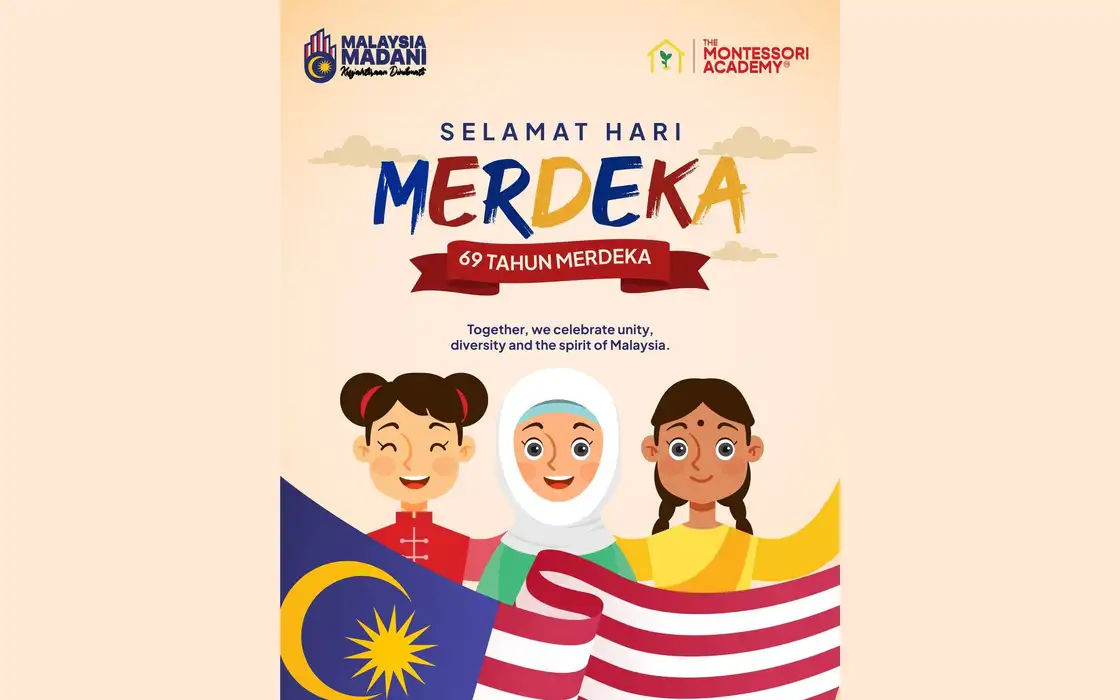 The full Hari Merdeka poster centred on a peach ground, "Selamat Hari Merdeka, 69 Tahun Merdeka", three smiling children holding a waving Malaysian flag