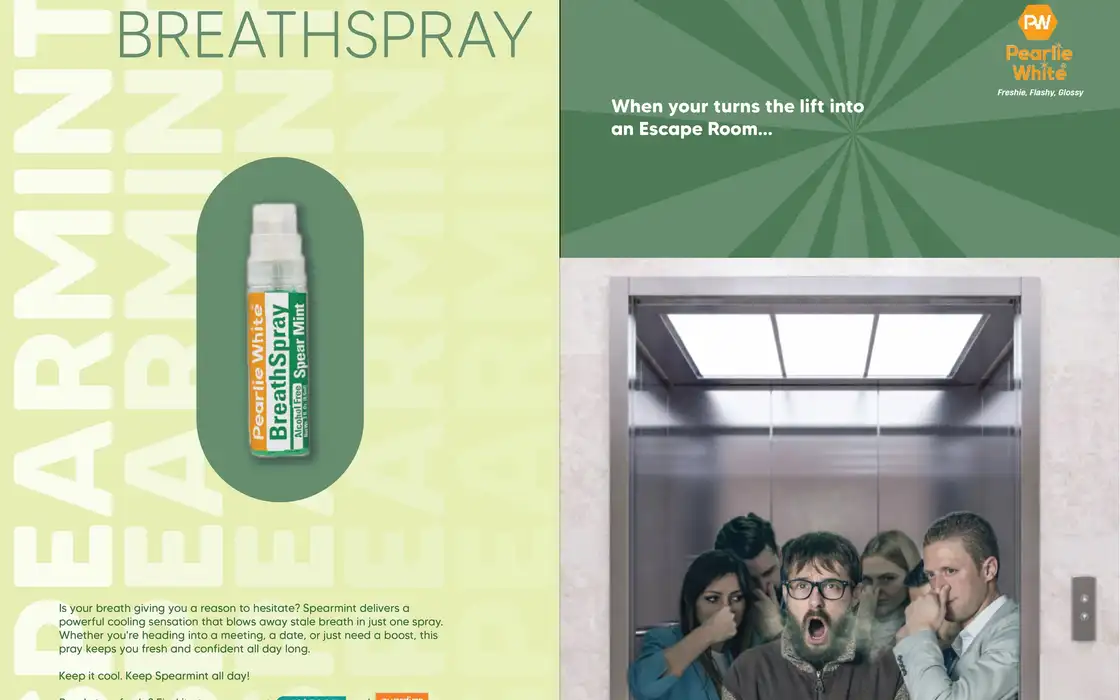 Breathspray Spearmint magazine spread: a green typographic page beside a photo of people recoiling in a lift